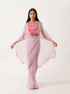 Tikhi Imli Lavender & Pink Floral Embroidered Belted Saree | Grocsy