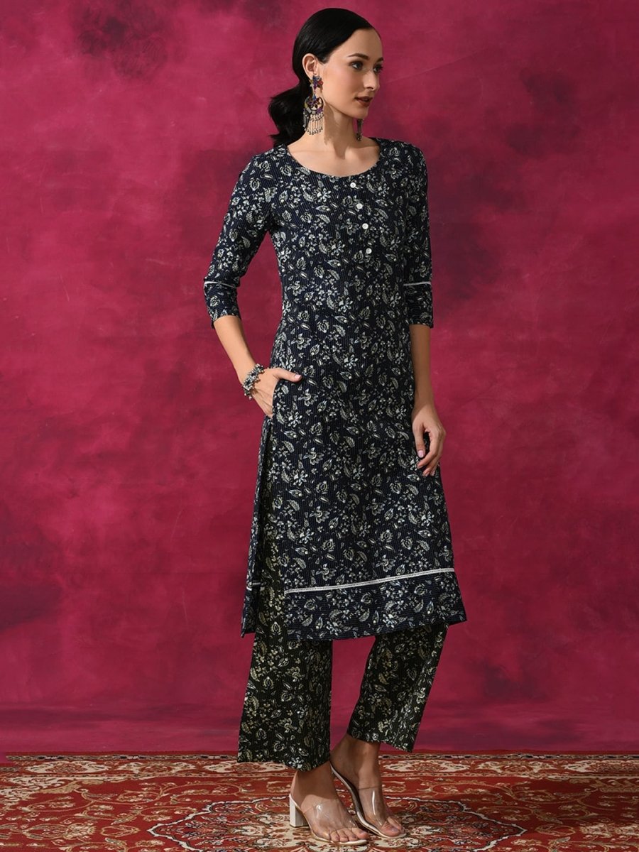 Aks Floral Printed Round Neck Kantha Work Detailed Pure Cotton Kurta with Palazzos | Grocsy
