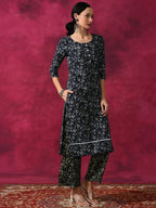 Aks Floral Printed Round Neck Kantha Work Detailed Pure Cotton Kurta with Palazzos | Grocsy