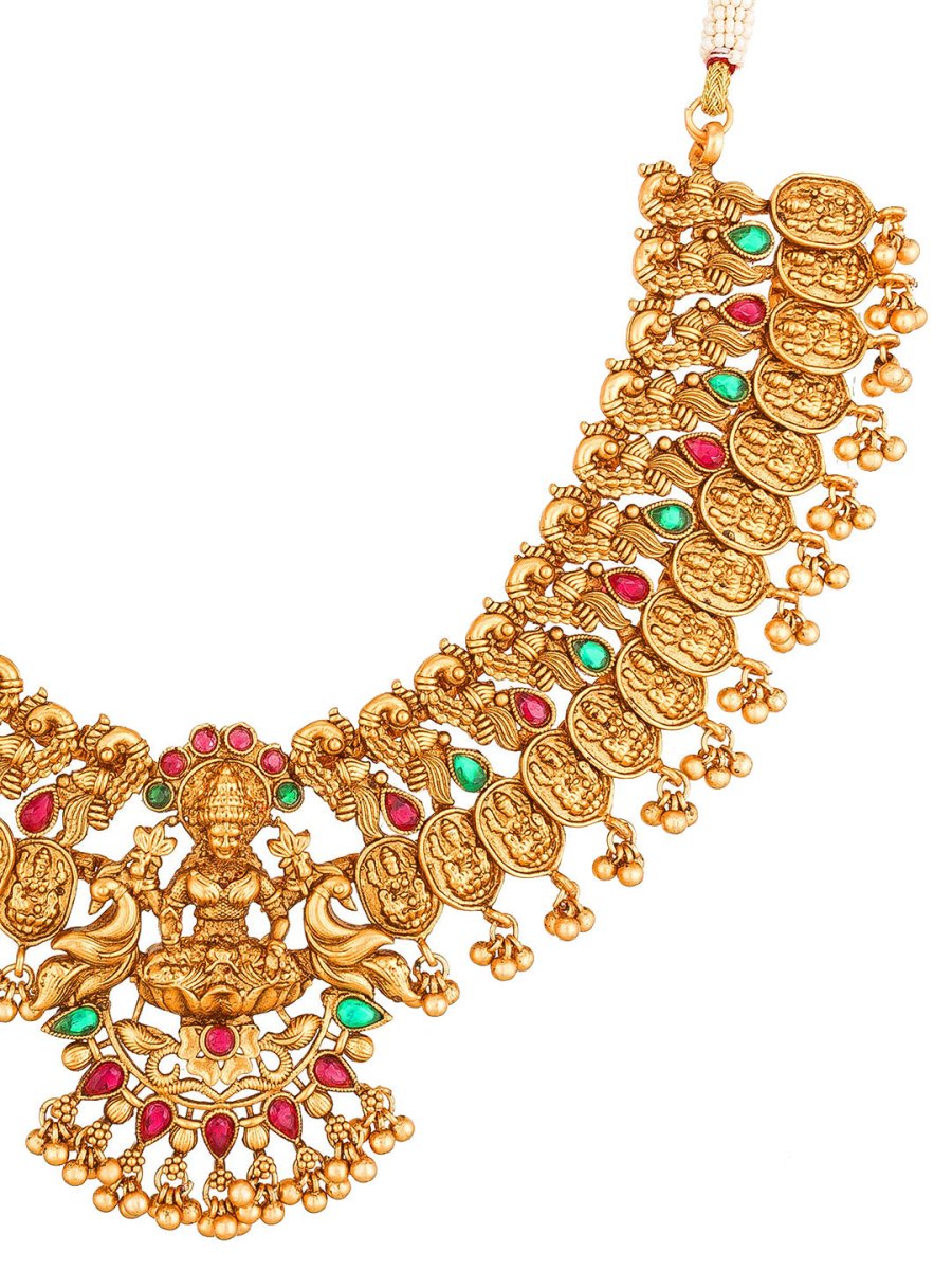 Aadita Gold-Toned Red & Green Stone-Studded Temple Jewelry Set | Grocsy