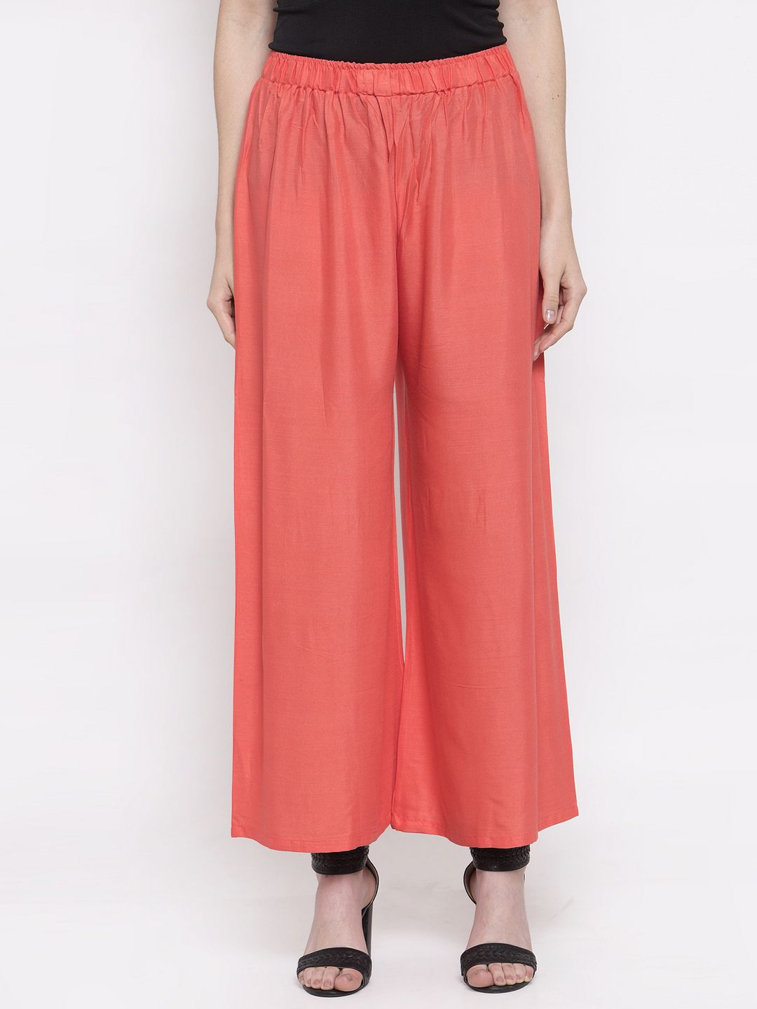 TAG 7 Women Peach-Coloured Solid Flared Palazzos | Grocsy