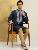 House of Pataudi Men Navy Blue Embroidered Striped Pattern Jashn Kurta | Grocsy