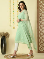 Myshka Women's Green Georgette Sleeveless Straight Party Kurta With Dupatta Set | Grocsy