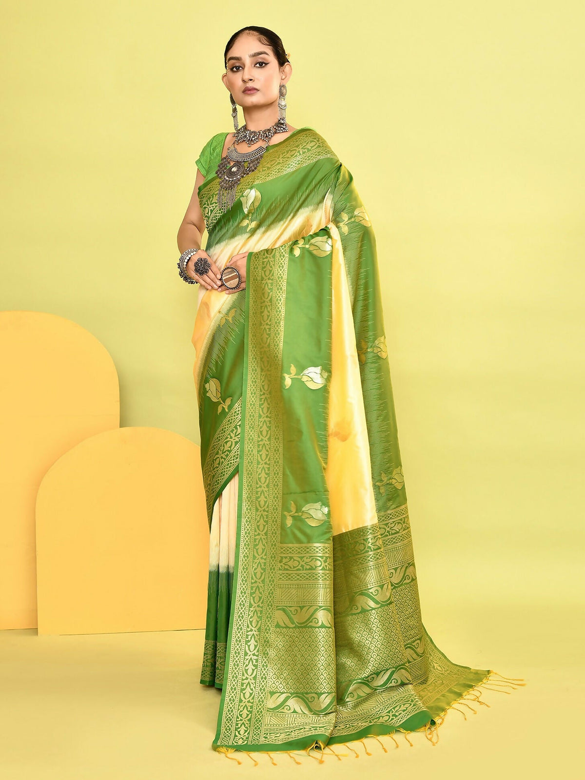 Joban Fashion Light Yellow & Parrot Green Plain With Weaving Border Banarasi Silk Sarees | Grocsy