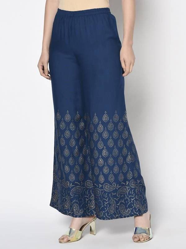 Aniyah Rayon Blue Color Gold Print Flared Slip-On Palazzo (AN-209K) | Grocsy