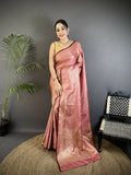 Joban Fashion Dusty Pink  Floral & Paisley Motifs Soft Satin Silk Banarasi Saree | Grocsy