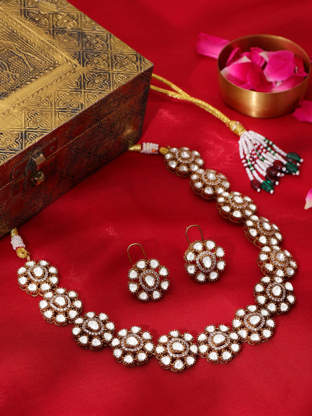 Ruby Raang Gold Polished Kundan Work Gold Kundan Flower Necklace With Stud Earrings | Grocsy