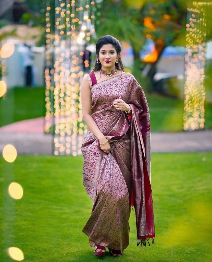 DEIANA'S Beautiful Designer Golden zari Soft Lichi Silk Saree - Wine | Grocsy