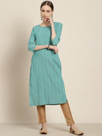 Sangria Women Sea Green & White Striped Sequin Detail Kurta | Grocsy