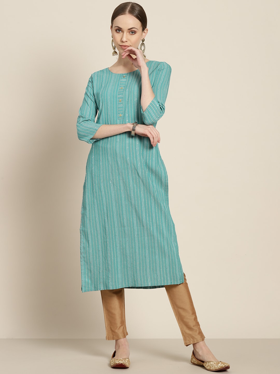 Sangria Women Sea Green & White Striped Sequin Detail Kurta | Grocsy