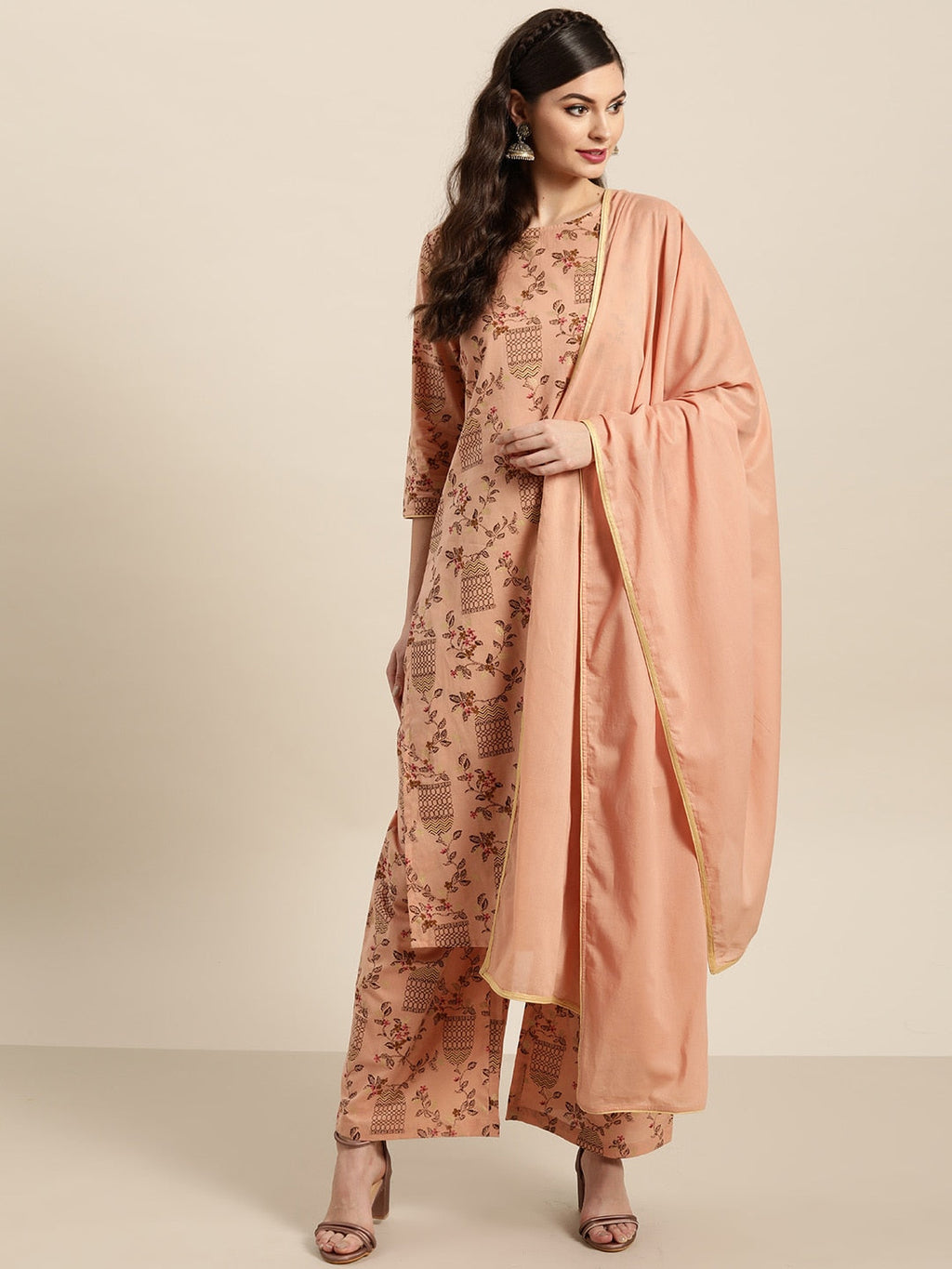 Sangria Women Dusty Pink & Brown Pure Cotton Printed Kurta with Palazzos & Dupatta | Grocsy