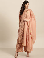 Sangria Women Dusty Pink & Brown Pure Cotton Printed Kurta with Palazzos & Dupatta | Grocsy