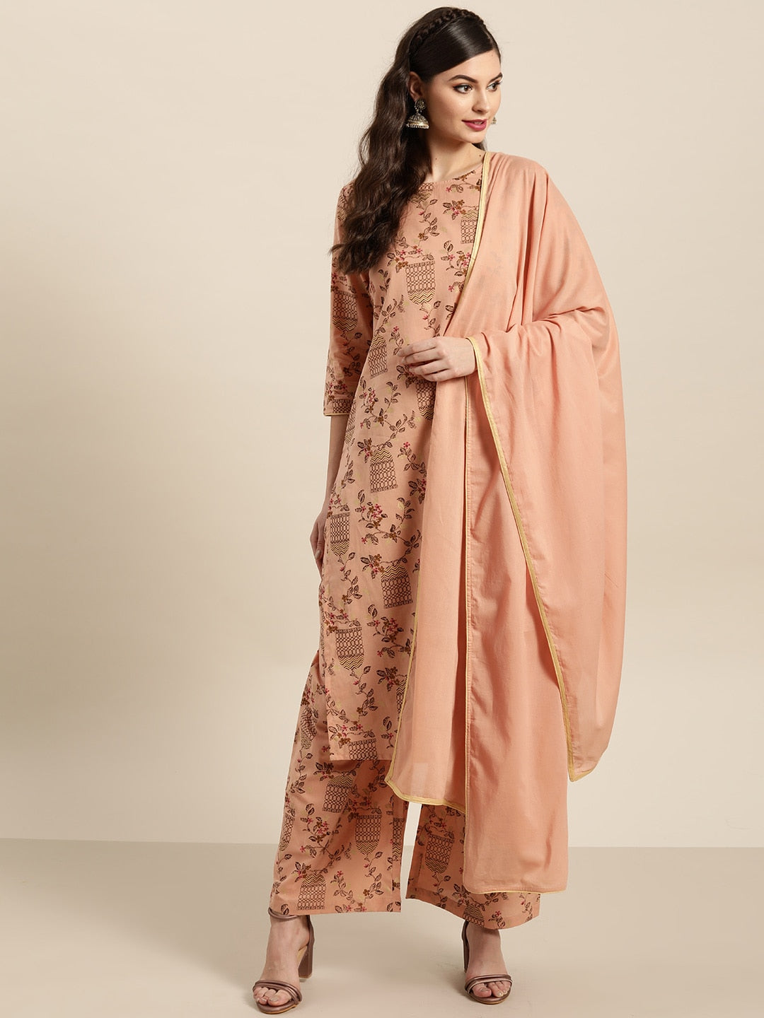 Sangria Women Dusty Pink & Brown Pure Cotton Printed Kurta with Palazzos & Dupatta | Grocsy