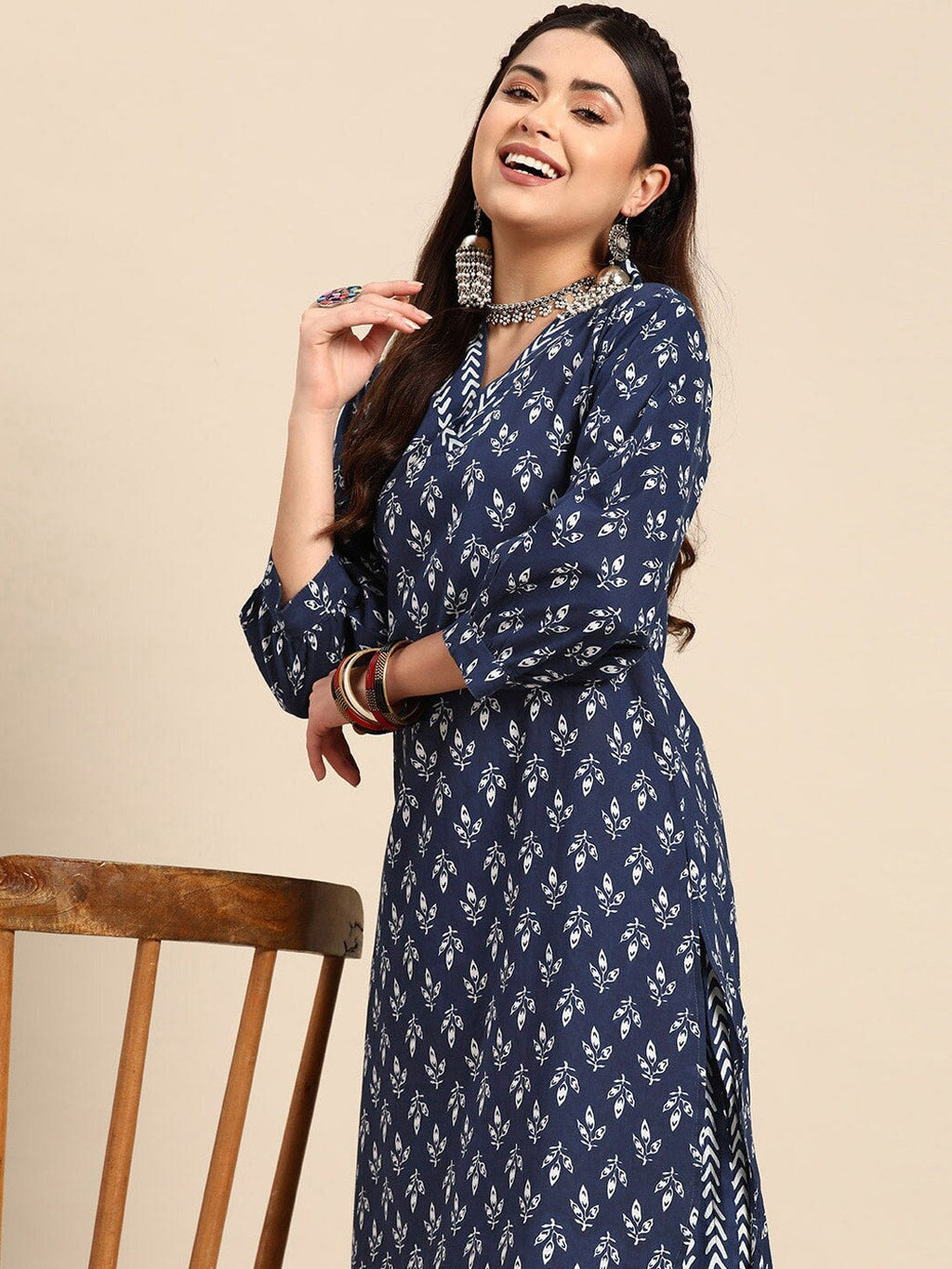 Sangria Blue & White Ethnic Motifs Printed V-Neck Pure Cotton A-Line Kurta With Salwar | Grocsy