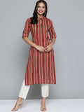 HERE&NOW Women Rust Red & Off-White Pure Cotton Striped Keyhole Neck Straight Kurta | Grocsy