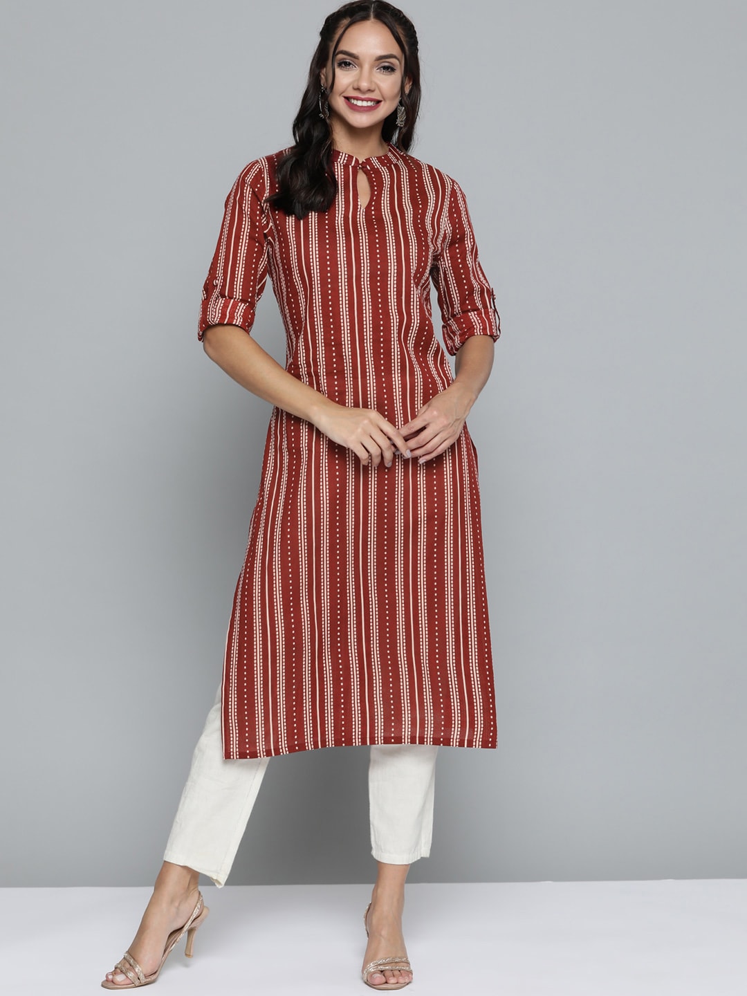 HERE&NOW Women Rust Red & Off-White Pure Cotton Striped Keyhole Neck Straight Kurta | Grocsy