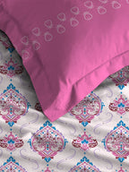 MYTRIDENT Moments Pink White Ethnic Pure Cotton 120 TC Queen Bedsheet Pillow Covers | Grocsy
