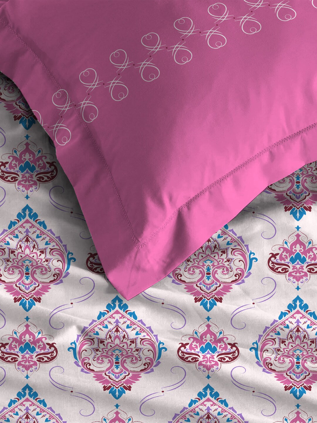 MYTRIDENT Moments Pink White Ethnic Pure Cotton 120 TC Queen Bedsheet Pillow Covers | Grocsy