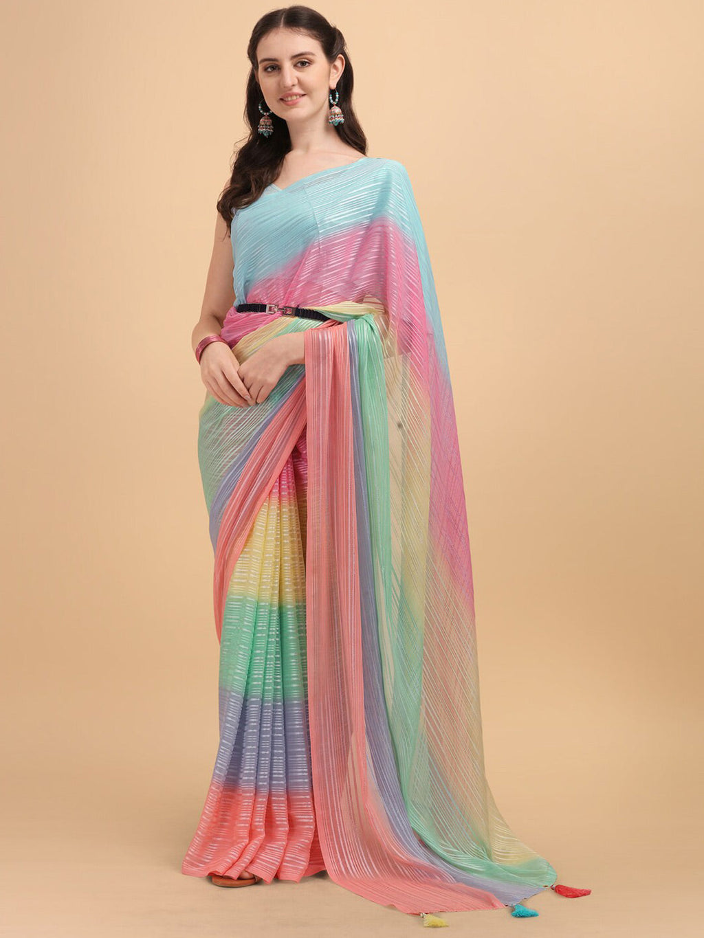 Sangria Blue & Pink Georgette Striped Zari Work Saree | Grocsy
