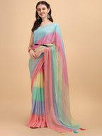 Sangria Blue & Pink Georgette Striped Zari Work Saree | Grocsy