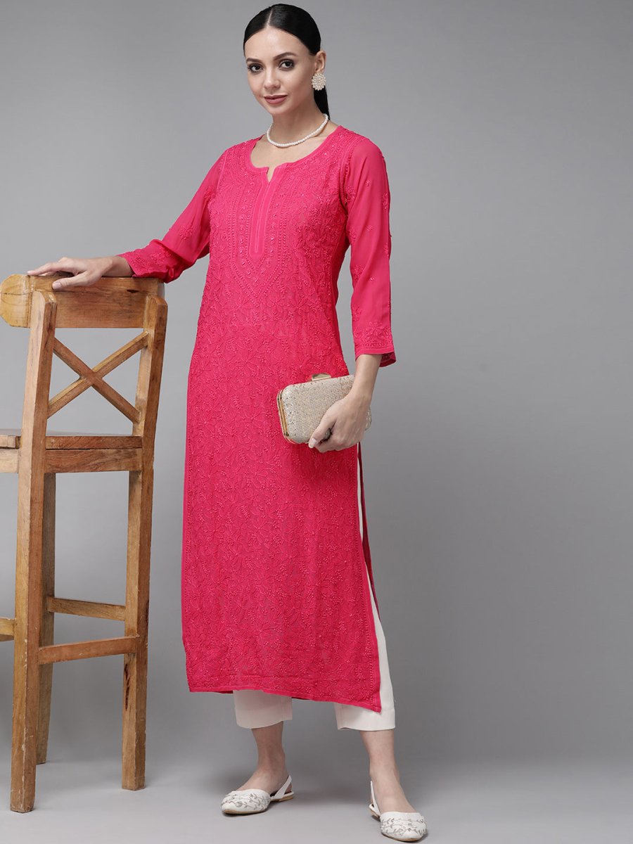 ADA Women Magenta & Magenta Ethnic Motifs Embroidered Chikankari Georgette Kurta | Grocsy