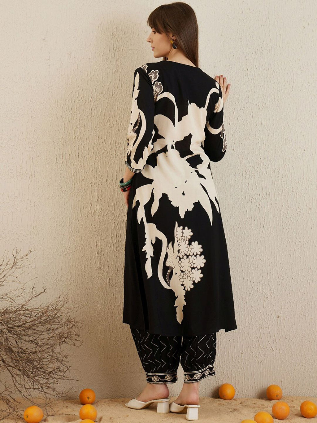 Indo Era Black Floral Printed V-Neck Sequinned A-Line Kurta With Salwar | Grocsy