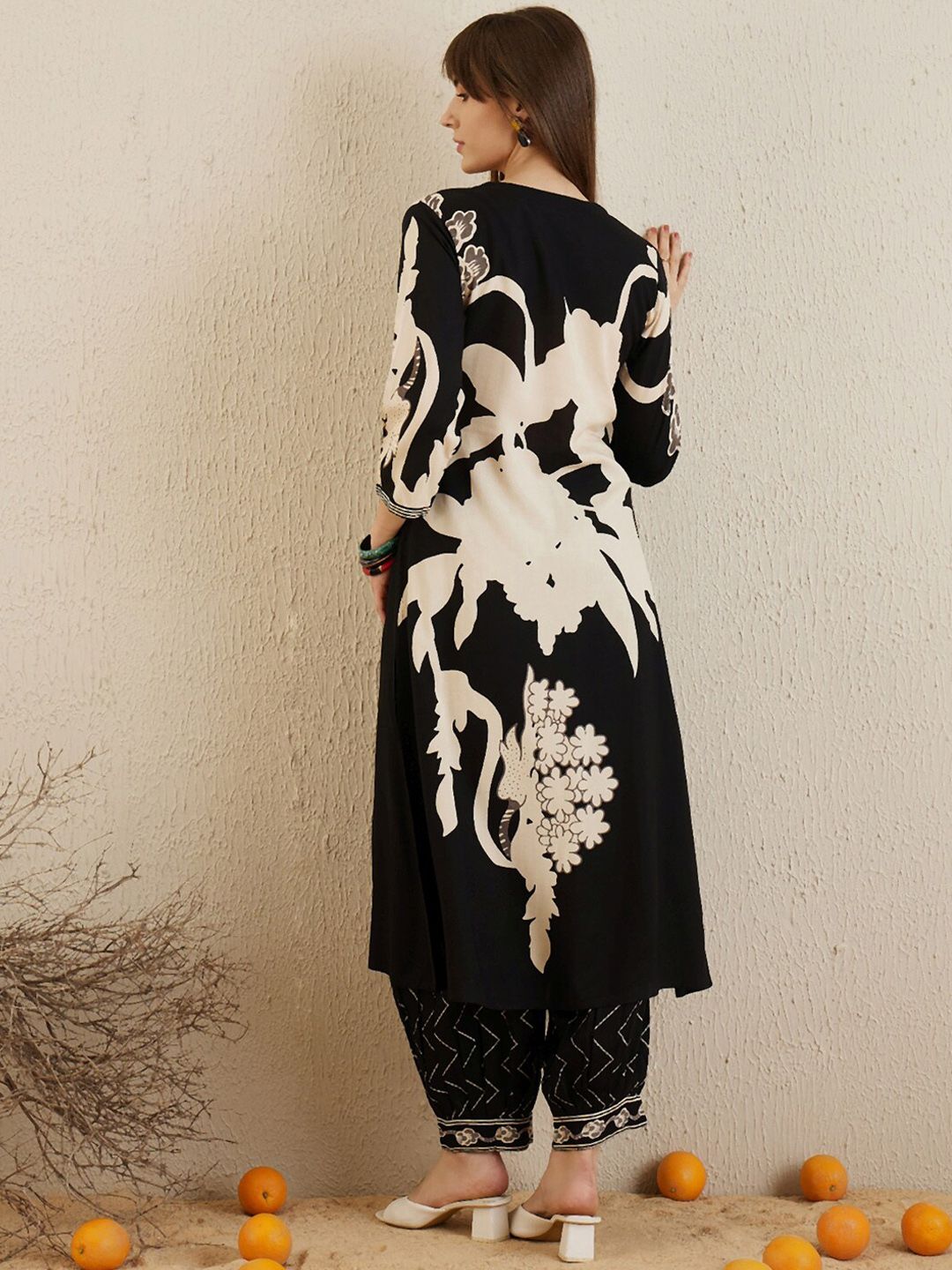 Indo Era Black Floral Printed V-Neck Sequinned A-Line Kurta With Salwar | Grocsy