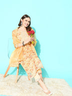Sangria Floral Embroidered Regular Thread Work Linen Kurta with Trousers & With Dupatta | Grocsy