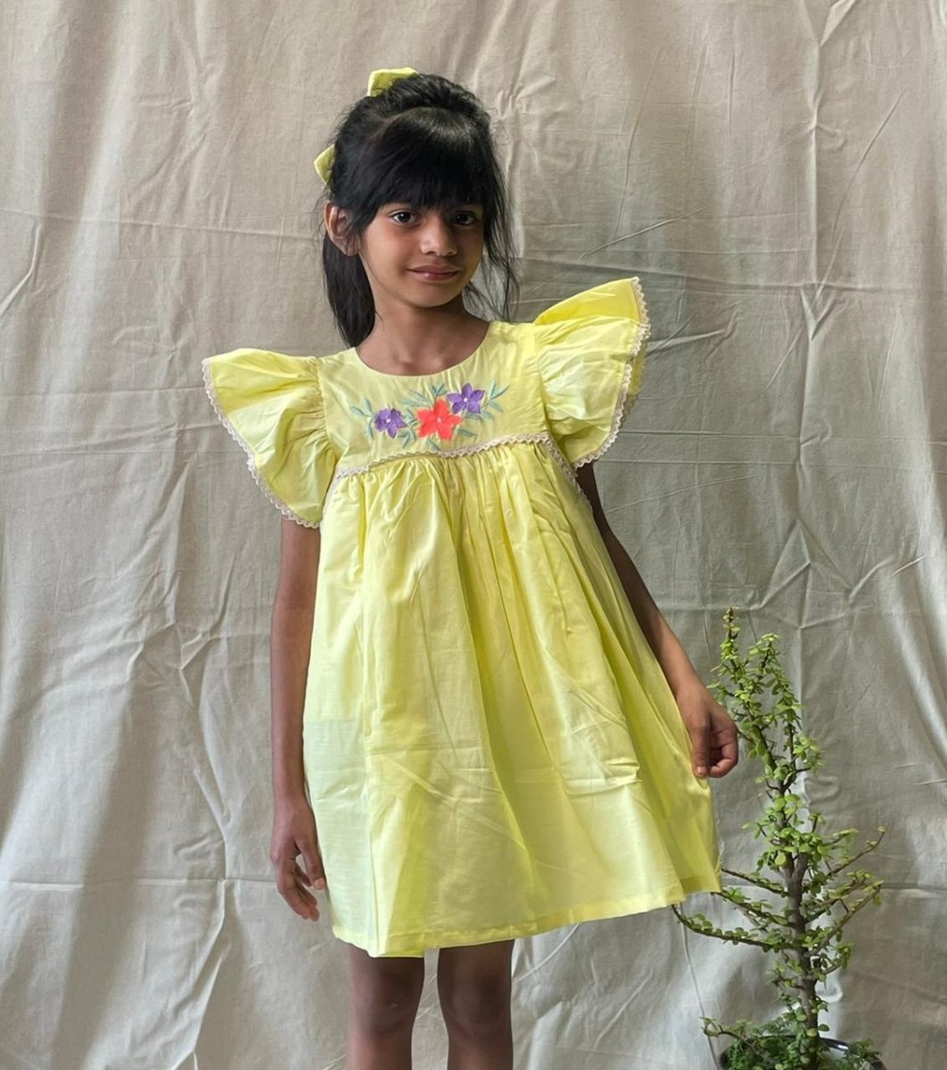 ArthLife Yellow Flower Embroidered Lace Dress | Grocsy
