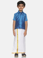 Sethukrishna Blue & White Solid Shirt and Veshti Set For Boys | Grocsy