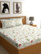Home Ecstasy White & Green Printed 140 TC Cotton Double Queen Bedsheet With 2 Pillow Covers | Grocsy