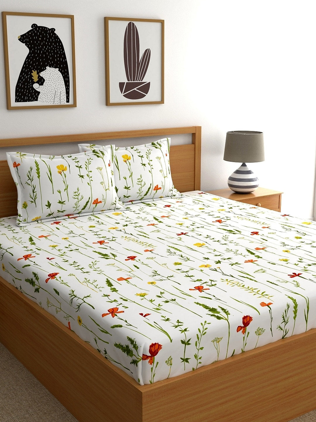 Home Ecstasy White & Green Printed 140 TC Cotton Double Queen Bedsheet With 2 Pillow Covers | Grocsy