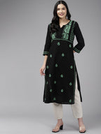 ADA Women Ethnic Motifs Embroidered Cotton Chikankari Floral Kurta | Grocsy