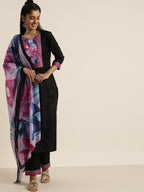 Sangria Women Black Floral Yoke Design Regular Gotta Patti Kurta with Trousers & Dupatta | Grocsy