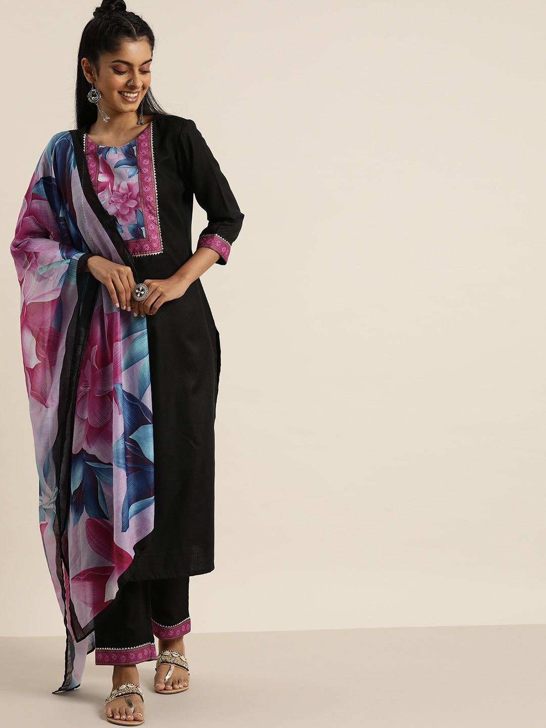 Sangria Women Black Floral Yoke Design Regular Gotta Patti Kurta with Trousers & Dupatta | Grocsy