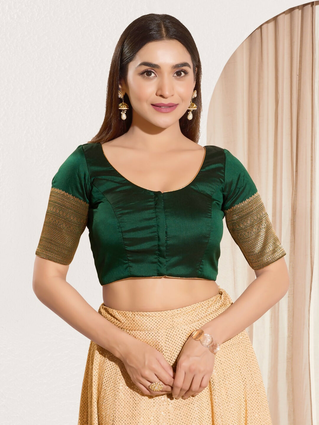 Joban Fashion Bottle Green Taffeta Silk Padded Blouse With Round Neck Elbow Sleeves | Grocsy