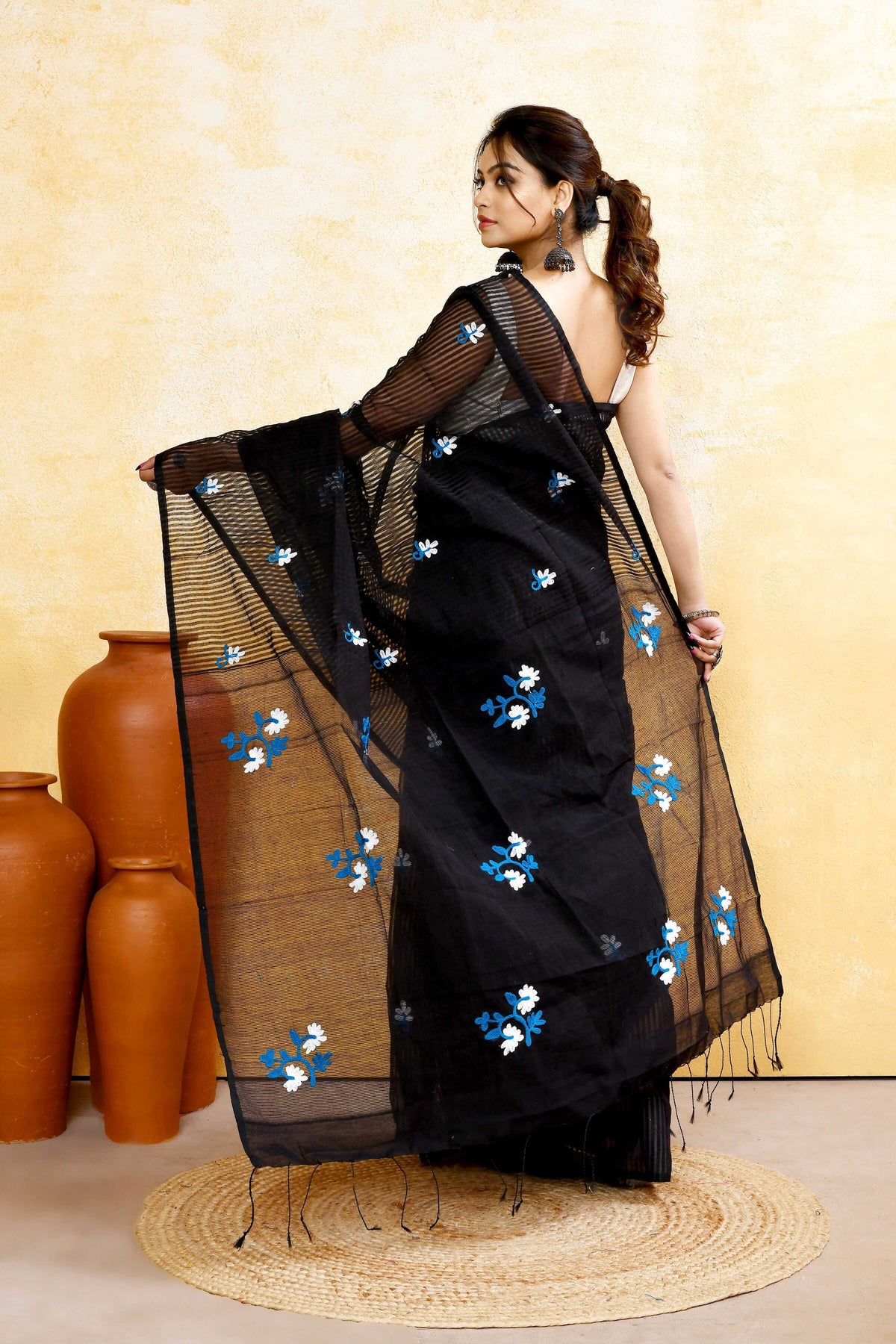 Piyari Fashion Women's Black Embellished Cotton Blend Embroidery Saree | Grocsy