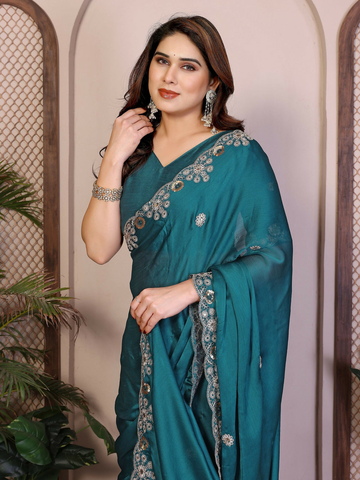 Teeya Creation New Trendy Party Wear Soft Satin Chiffon Saree-Teal | Grocsy