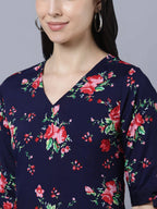 Myshka Women Navy Blue Pink Floral Print A-line Dress | Grocsy