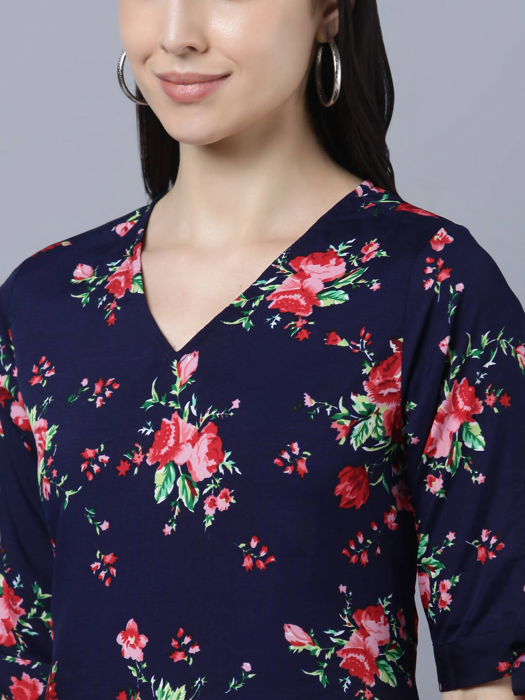 Myshka Women Navy Blue Pink Floral Print A-line Dress | Grocsy