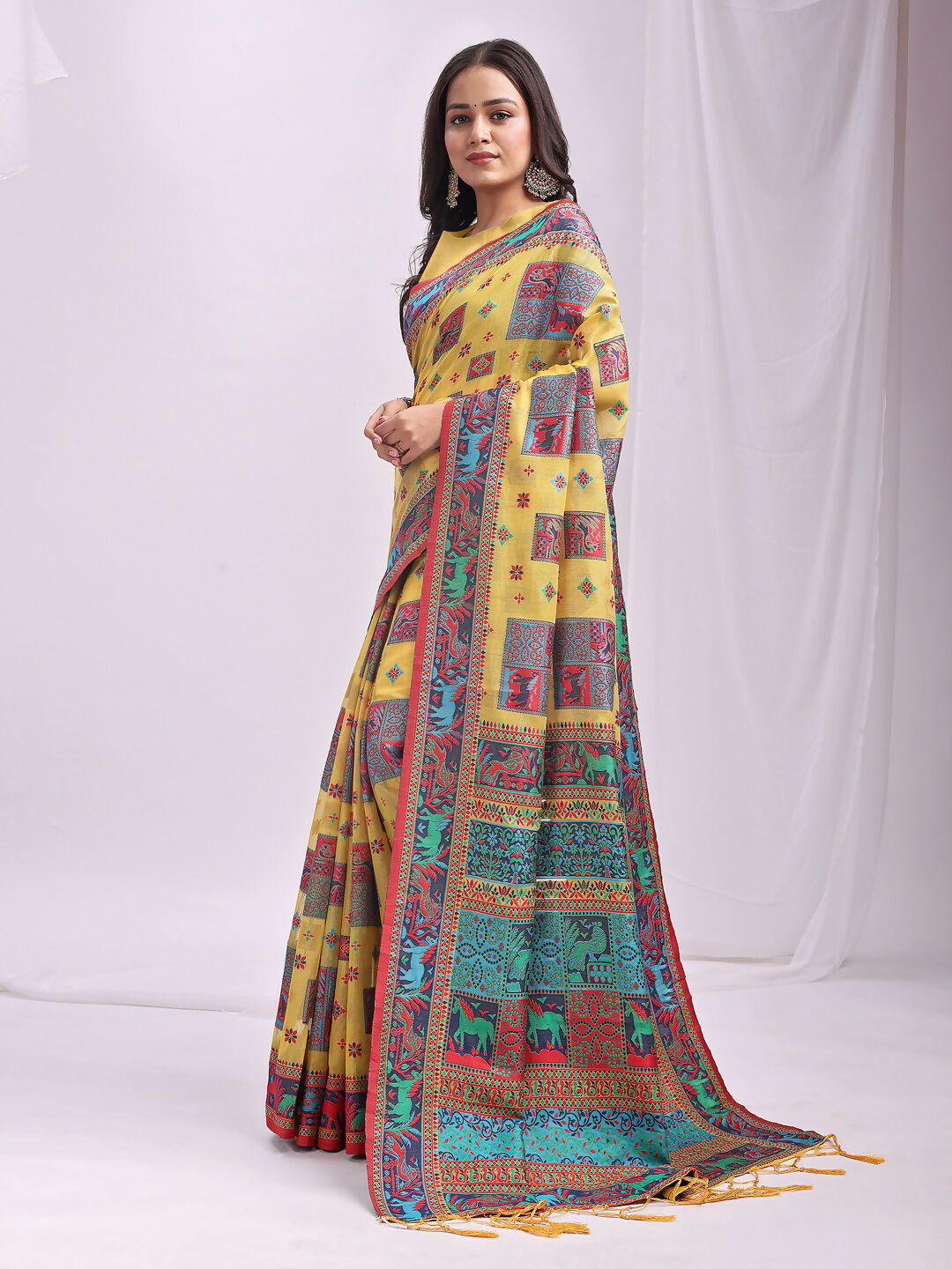 Shree Shyam Fashion Vastraloom Yellow Linen Cotton Saree | Grocsy