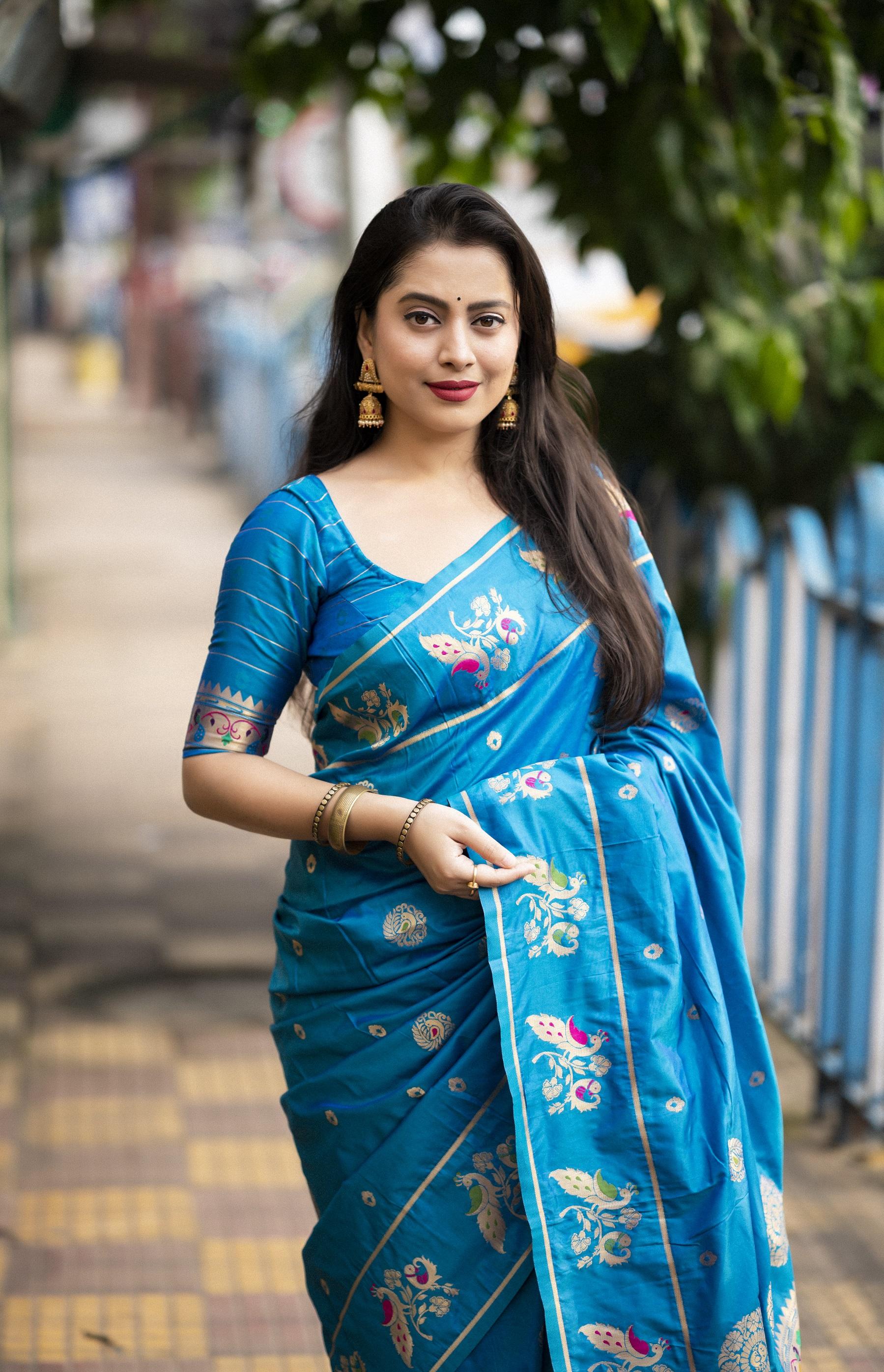 Blue Pure Silk Woven Design Saree with Unstitched Blouse - A2M | Grocsy