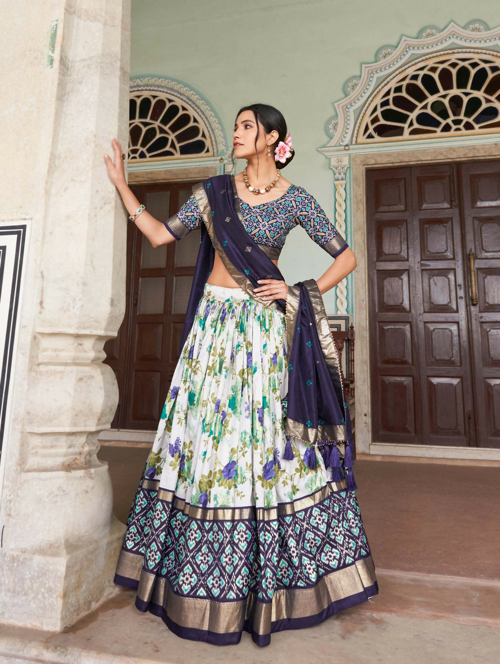 Vastranavya Exquisite Tussar Silk Lehenga Set With Perfect Floral And Patola Print Design Lehenga Choli - Navy Blue | Grocsy