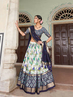 Vastranavya Exquisite Tussar Silk Lehenga Set With Perfect Floral And Patola Print Design Lehenga Choli - Navy Blue | Grocsy