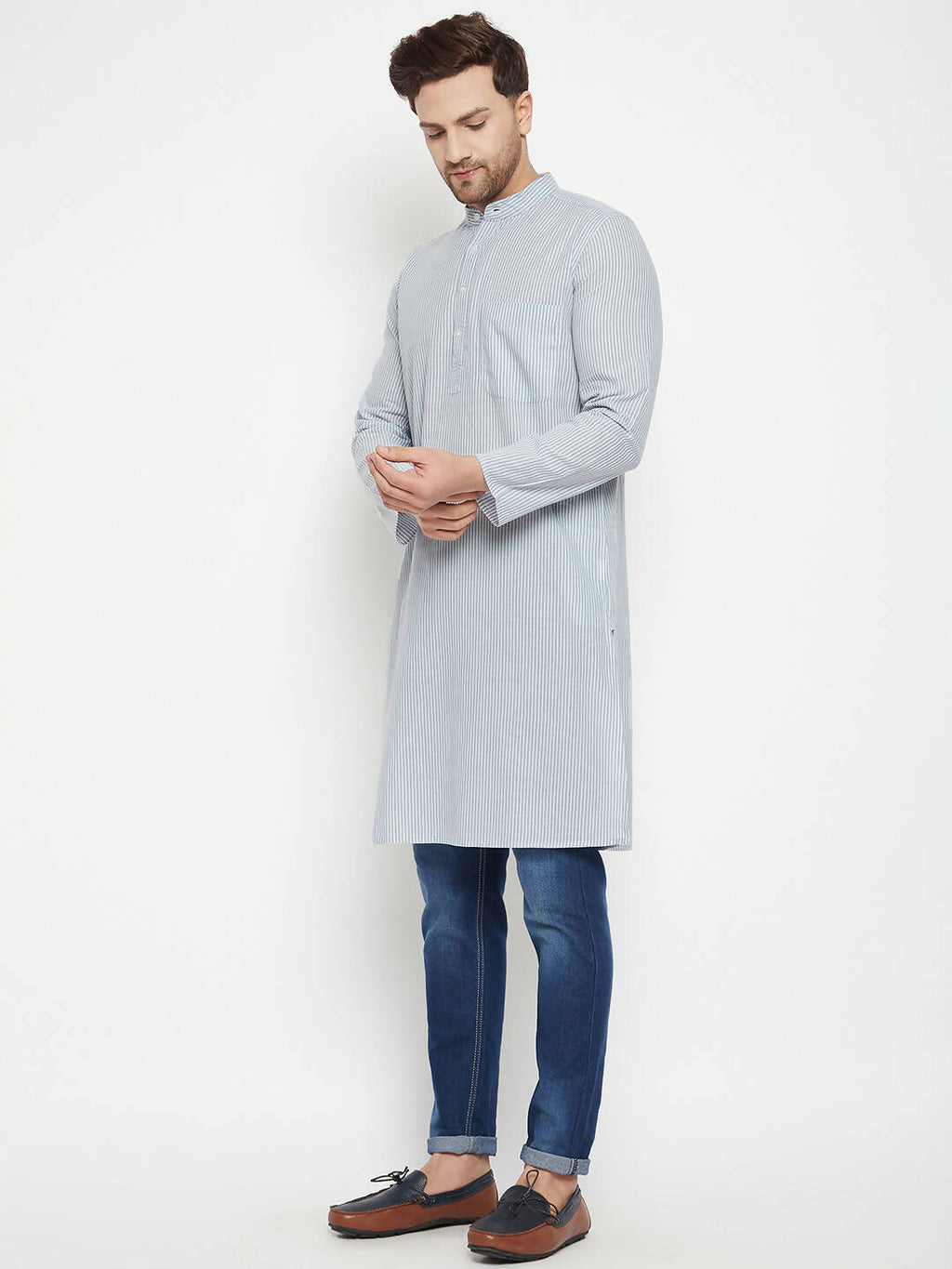 Even Apparels Grey Pure Cotton Men's Long Kurta With Band Collar | Grocsy
