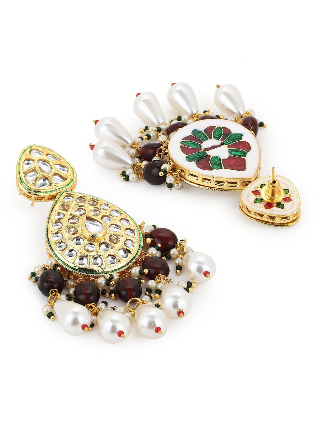 Gold-Toned White Kundan Contemporary Gold-Polished Jhumkas Earrings - Ruby Raang | Grocsy