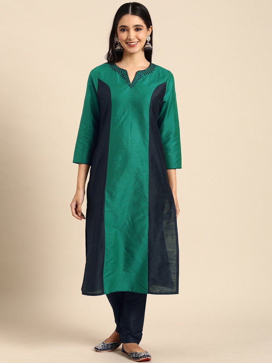 All About You Women Green & Navy Blue Colourblocked Kurta with Trousers | Grocsy