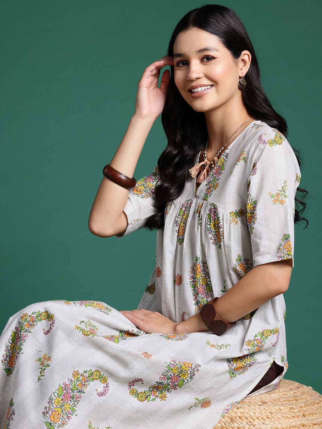 Sangria Floral Print Pleated Empire Kurta | Grocsy