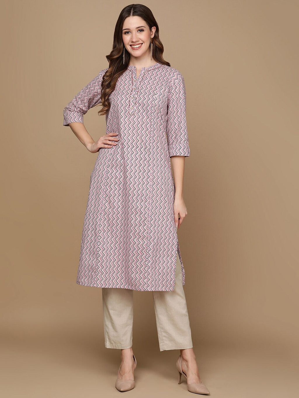 HERE&NOW Pink & Brown Chevron Printed Sequined Pure Cotton Kurta | Grocsy