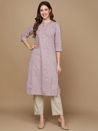 HERE&NOW Pink & Brown Chevron Printed Sequined Pure Cotton Kurta | Grocsy
